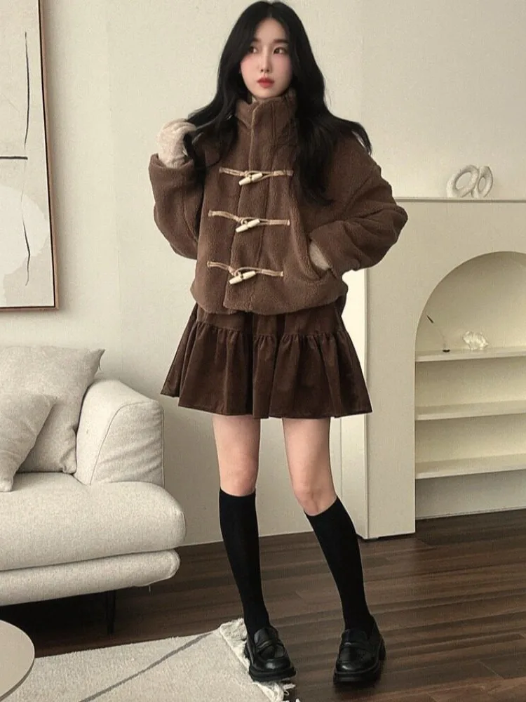 Chic Retro Button up Fur Coat Women's Loose Design Cotton Jacket Trendy Commute Style Pure Color Winter Outerwear