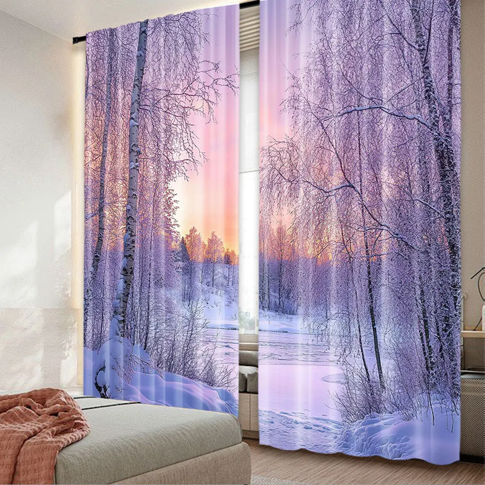 

2Pcs Landscape Curtain Winter Season Themed Dried Abandoned Braches Snowy Sunset Scenery Suitable For Bedroom