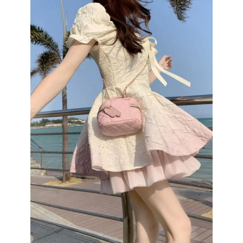 Gradient Pink Sweet First Love Girl Dress Summer New Bow Waist Shrinking and Slimming Bubble Sleeves Puffy Skirt