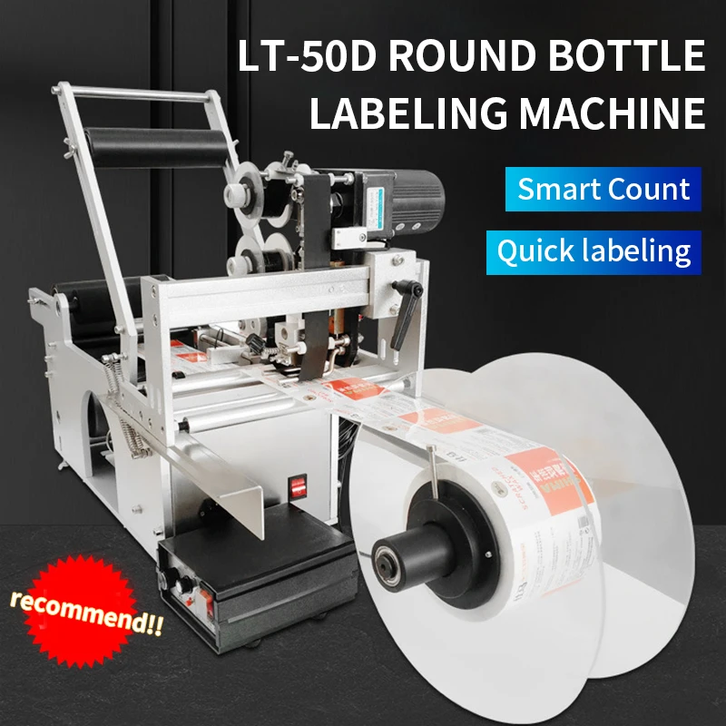 Automatic Round Bottle Labeling Machine with Date Printer, Label Dispenser, Tag Coding, Self Adhesive, 20mm to 130mm, LT-50D