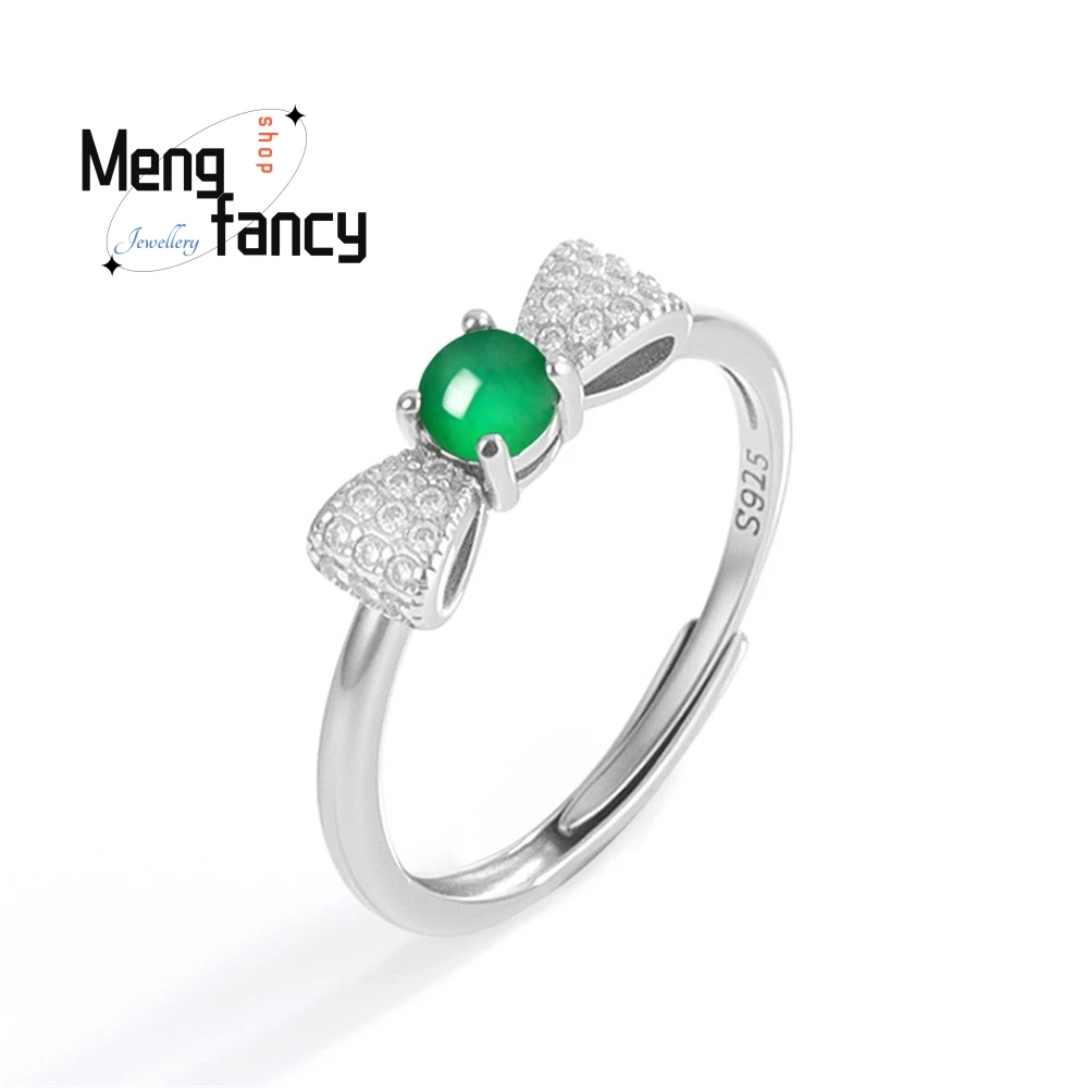 

S925 Silver Inlaid Natural A-Grade Jadeite Blue-Green Bow Ring Ice Jade Fashionable Ring For Women Adjustable Fashion Jewelry