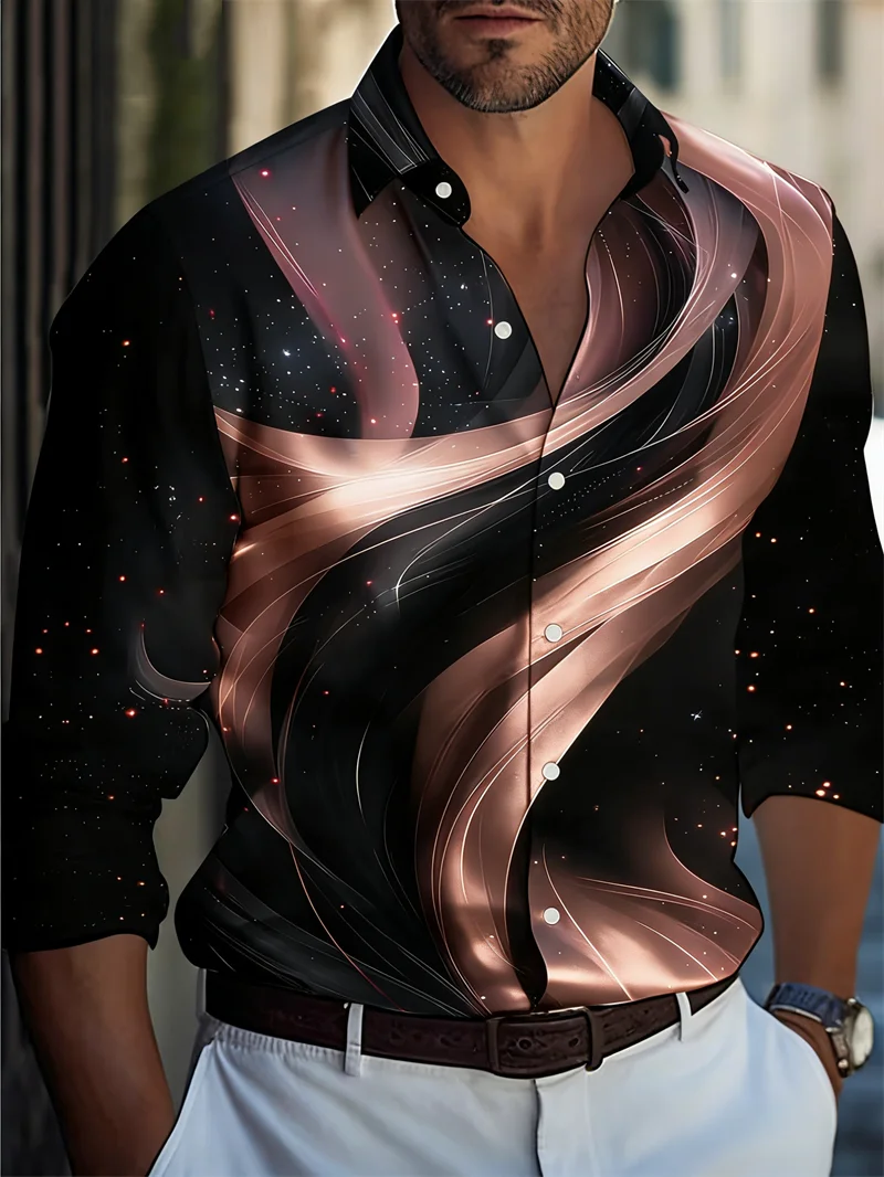 New Black Gold Starlight Streamline Printed Men's Long Sleeve Shirt Business Style Slimming Casual Flower Shirt