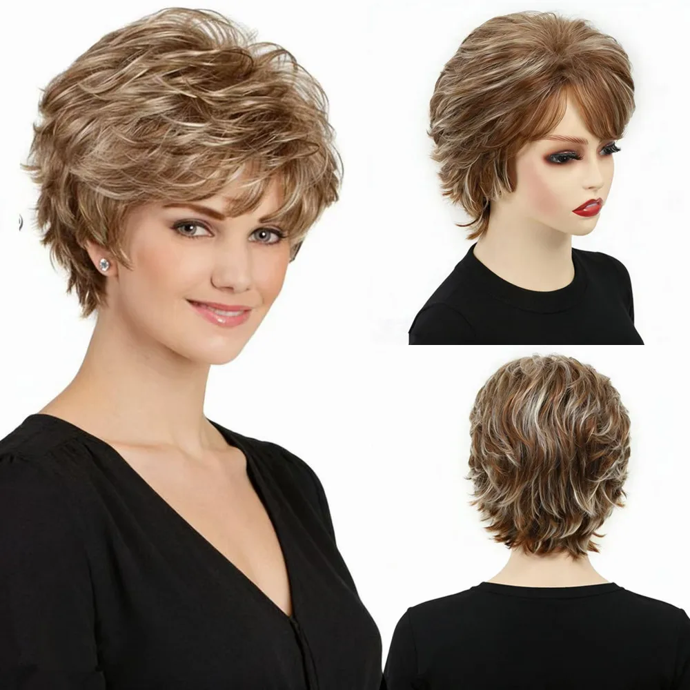 

Short Fluffy Layered Wig for Women Heat Resistant Synthetic Hair with Bangs Easy to Style Women's Wig