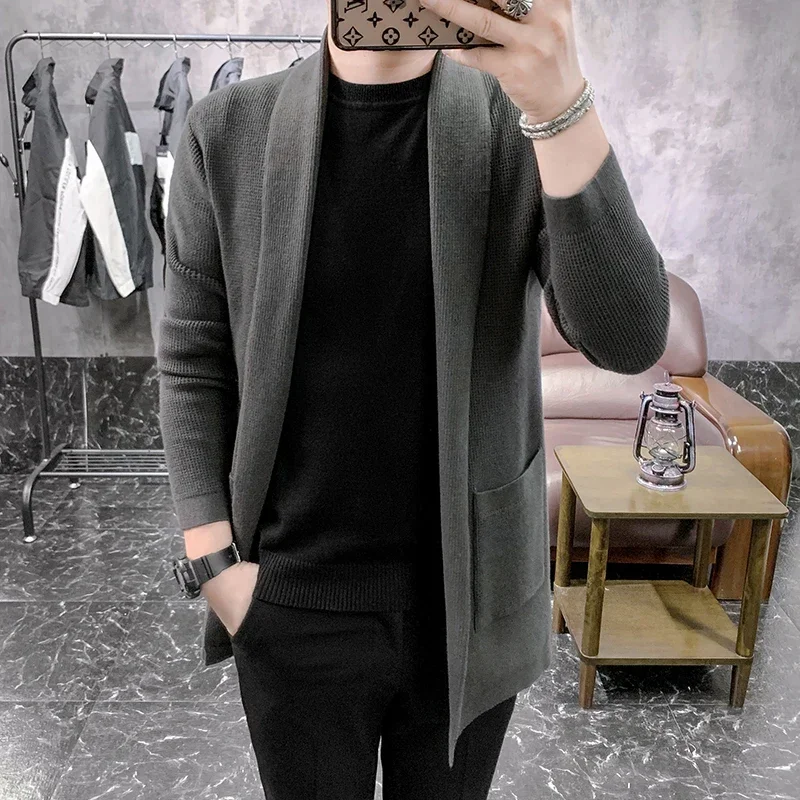 

New Mid Length Cardigan Men Spring Autumn Kintted Mens Sweatercoat Fashion Slim Solid Color Knitting Cardigan Outerwear JJ969
