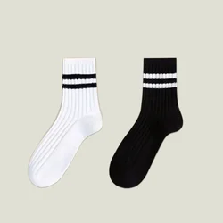 Chaussettes en coton de haute qualité pour hommes et femmes, 6/12 paires, nouvelle mode, simples, rayées, respirantes, à col rond, mi-tube