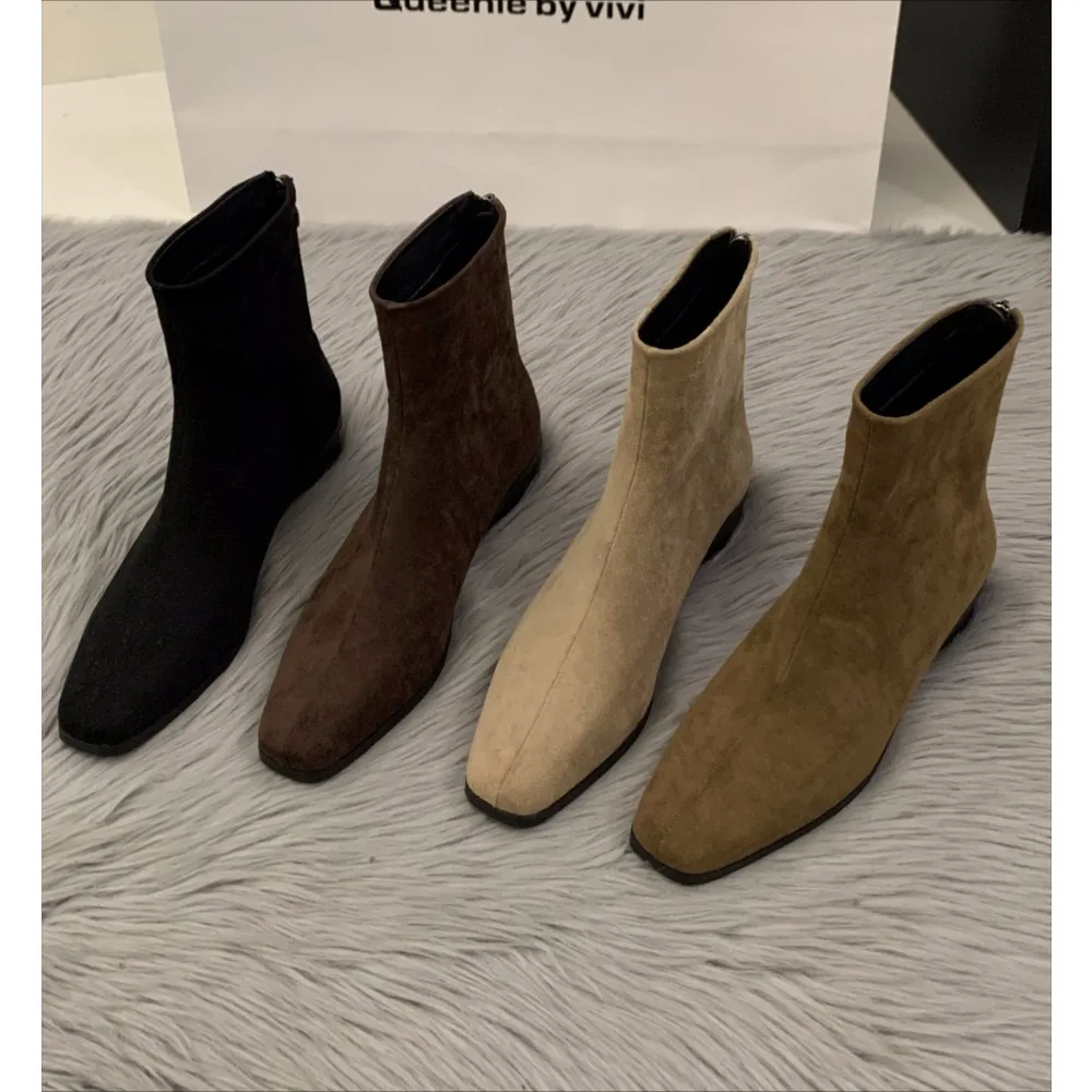 

2025 Spring Autumn Women Modern Ankle Boots Fashion Square Toe Short Booties Ladies Casual Low Heel Shoes Zapatos Mujer