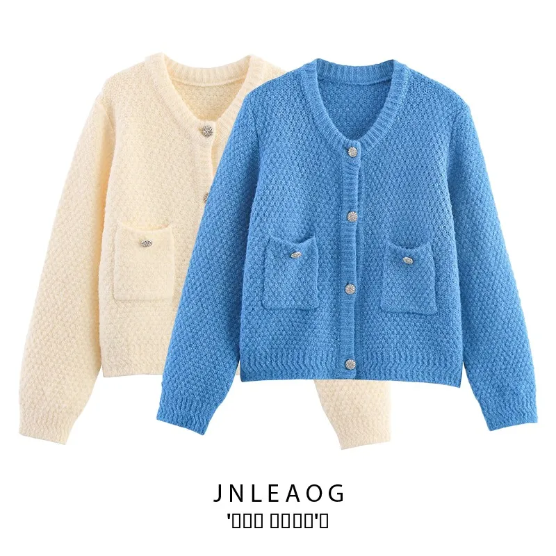 

JNLEAOG Autumn New Women's Knitted Sweater Coat Diamond id ket Sle round Ne Polyester Fiber Long Sve Cardigan