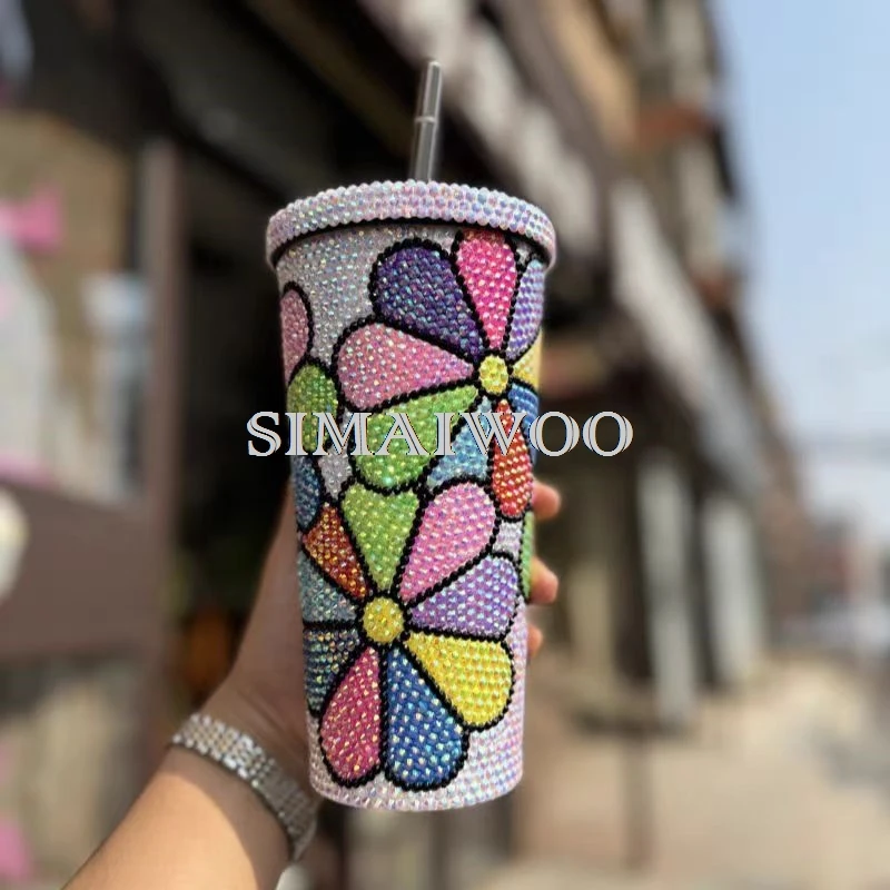 Hot Sunflower 500ml Rhinestone Straw Cup Coffee Mug Stainless Steel Ice Drink Vacuum Thermal Insulated Flask Handmade Bling Gift