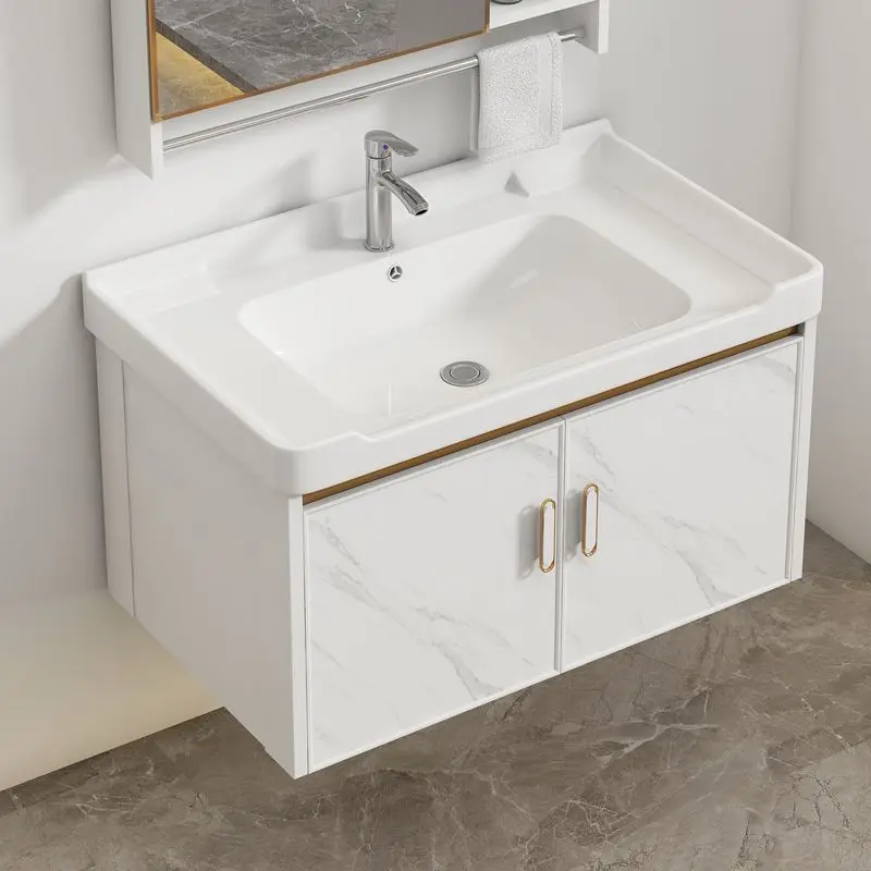 Space Aluminum Bathroom Cabinet Storage Bathroom Vanity Ceramic Washbasin Cabinet Combination Washbasin Led Mirror Pool Basin