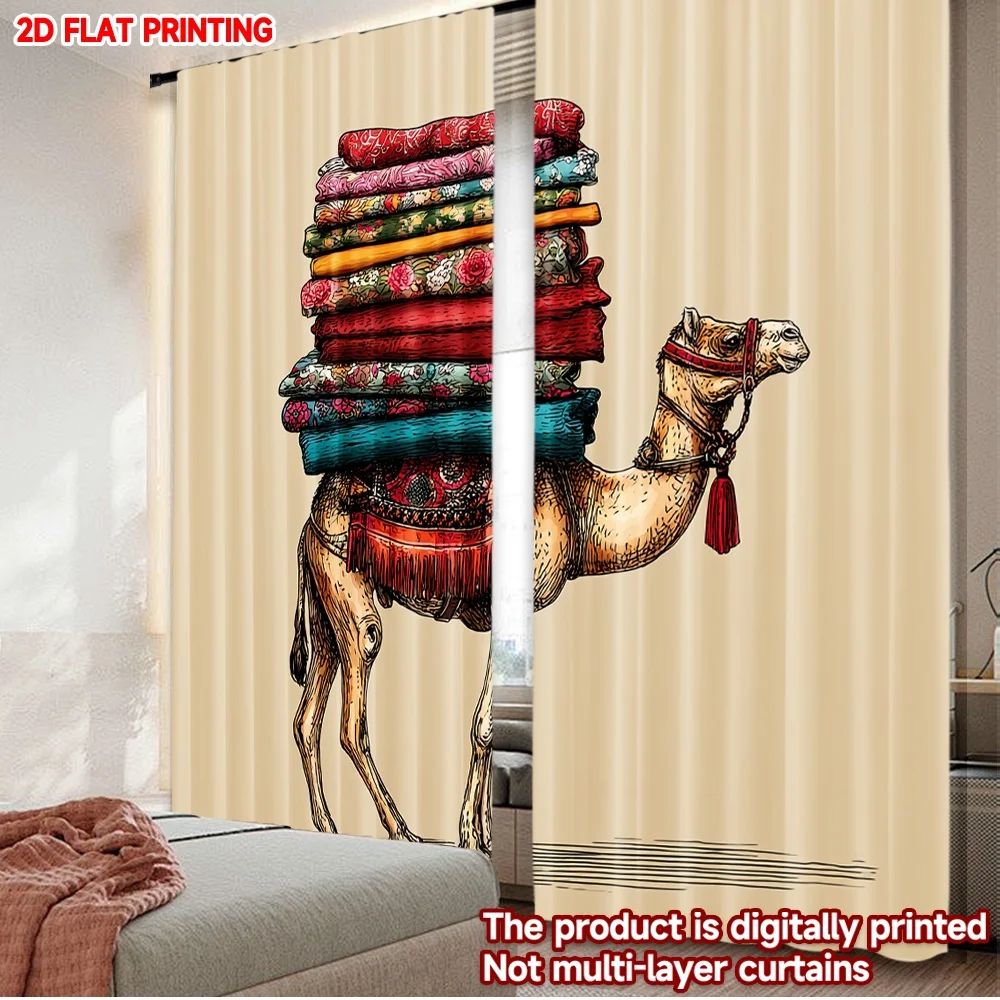 2pcs Camel with Patterned Blankets Curtains Desert Animal Carrying Colorful Textiles on Light Striped Background for Living Room