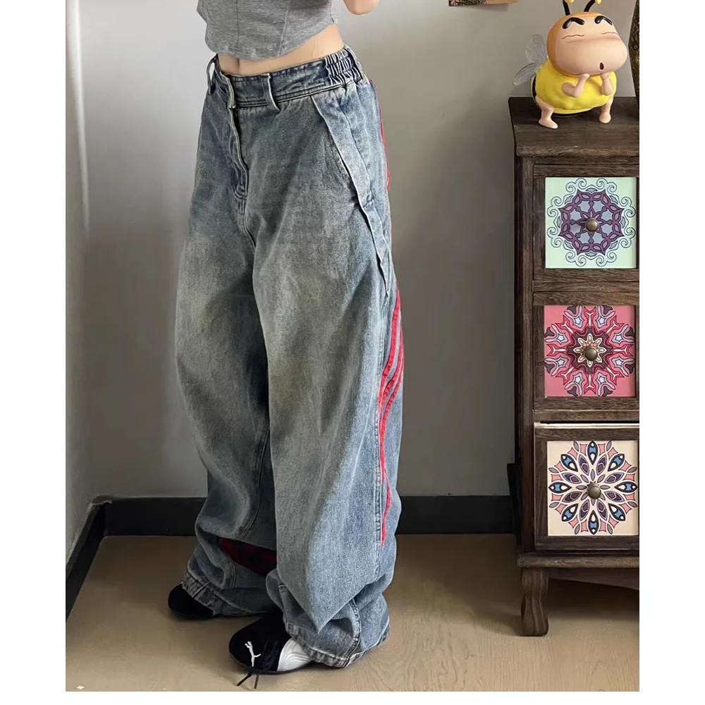 

New Women's Blue Washed Denim Jeans Autumn Winter, American Retro Striped Webbing Splicing, Street Casual Y2k Wide Leg Pants