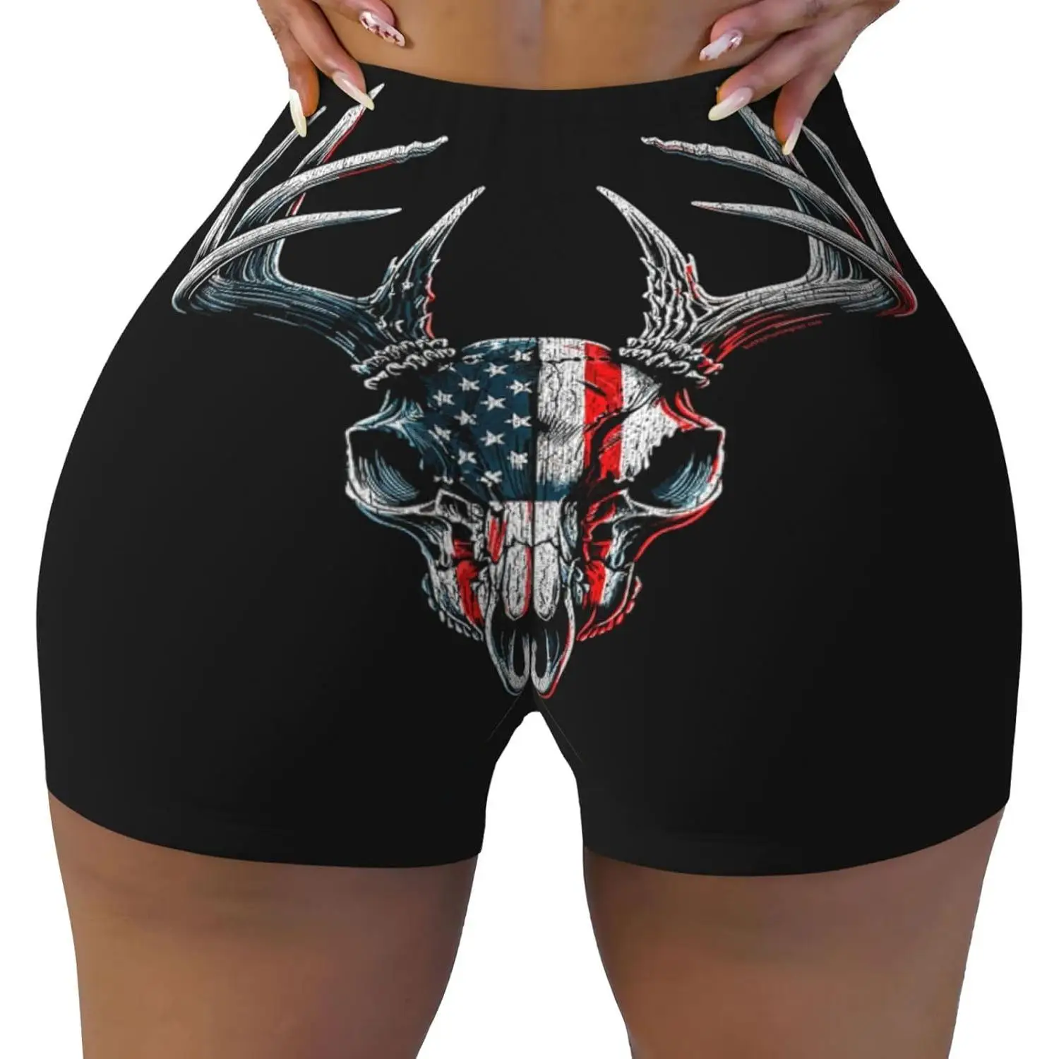 Pantaloncini da allenamento elasticizzati con stampa a vita alta da donna con corna di teschio di cervo bandiera americana