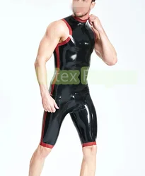 Men's fashion 100% Latex Rubber Black with Red Trim Tank style Latex Bodysuit Sleeveless men's Latex Catsuit