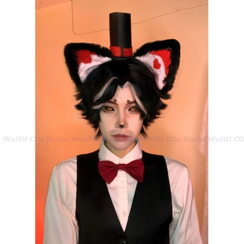 Husk Cosplay Kostuum Uniform Hazbin Cosplay Hotel Husk Halloween Party Cosplay Kostuum Zwarte Outfits Met Hoed Oren Wenkbrauwen Prop