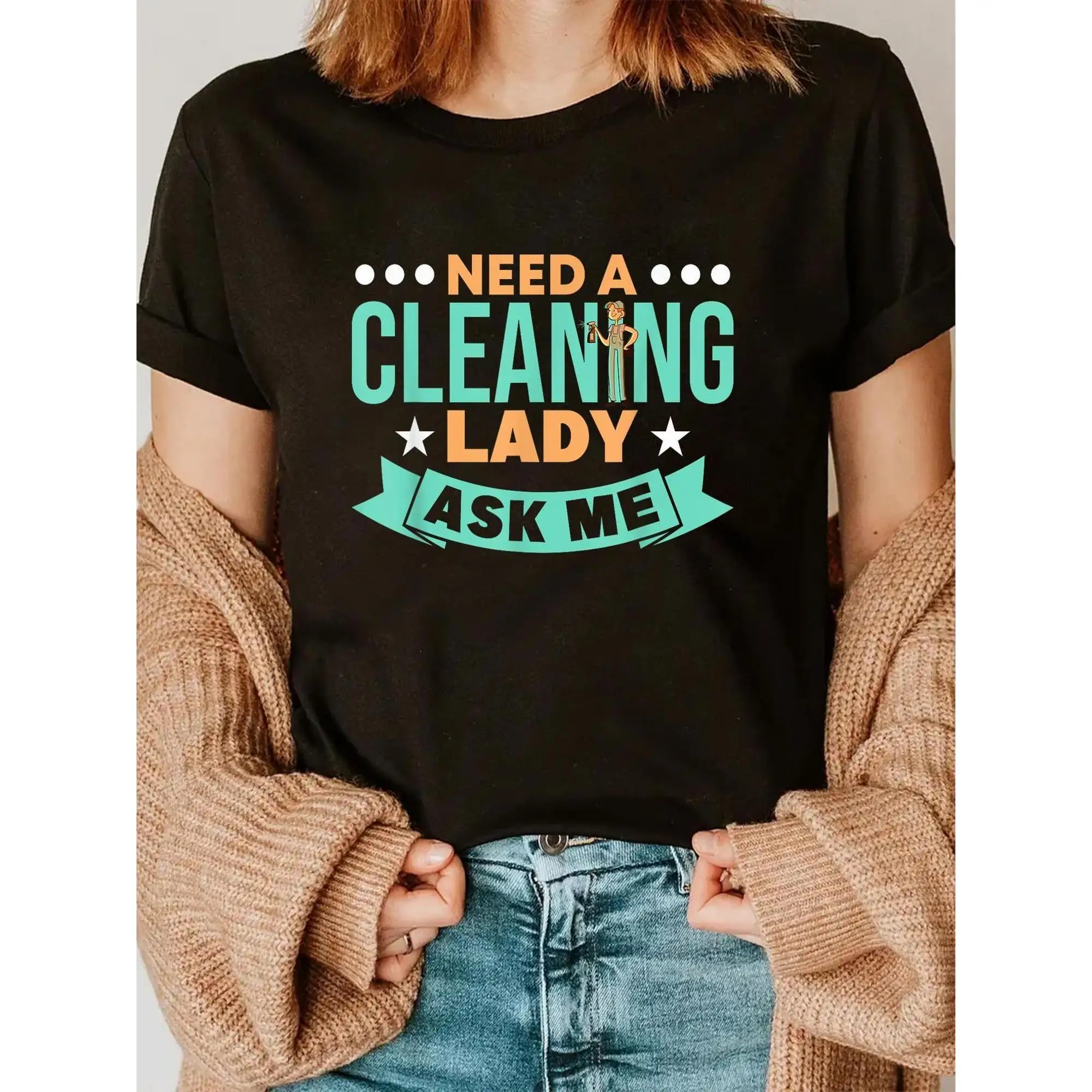 

Cleaning Lady T-shirt Funny Maid Worker Tops Women's Housekeeper Gifts Professional Cleaner Apparel
