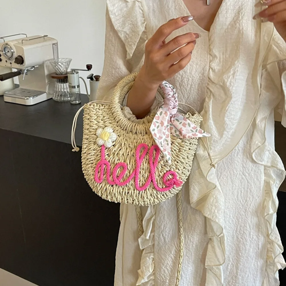 Handmade Sweet Beach Straw Bag Ribbon Moon Shaped Knitted Shoulder Bag Flower Large Capacity Braided Underarm Bag Woman