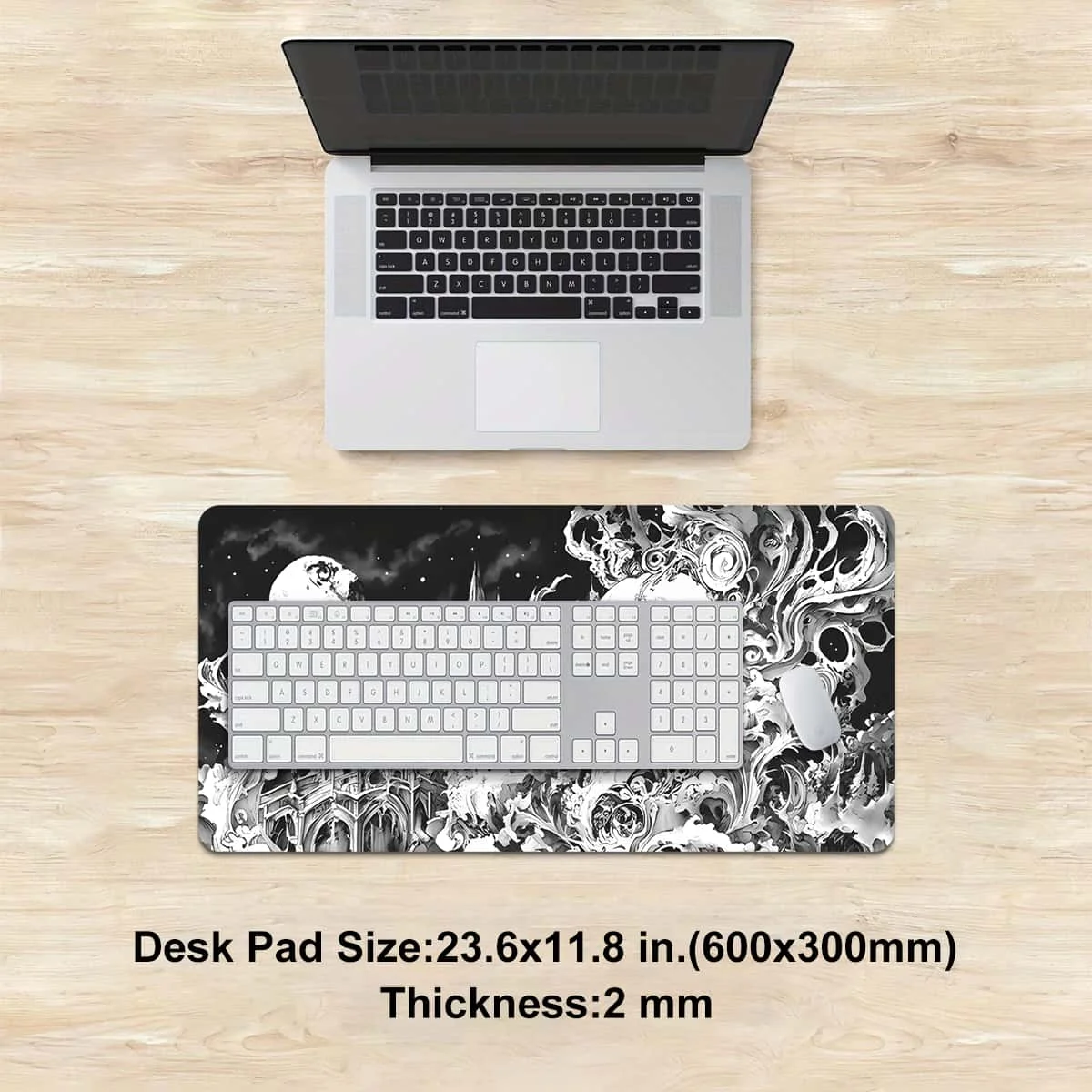Schwarz-weißes Totenkopf-Schloss-Kunst-Mauspad, mehrere Größen, waschbar, rutschfest, genähte Kante, Computer-Schreibtischunterlage für Büro und Zuhause, ideales Geschenk