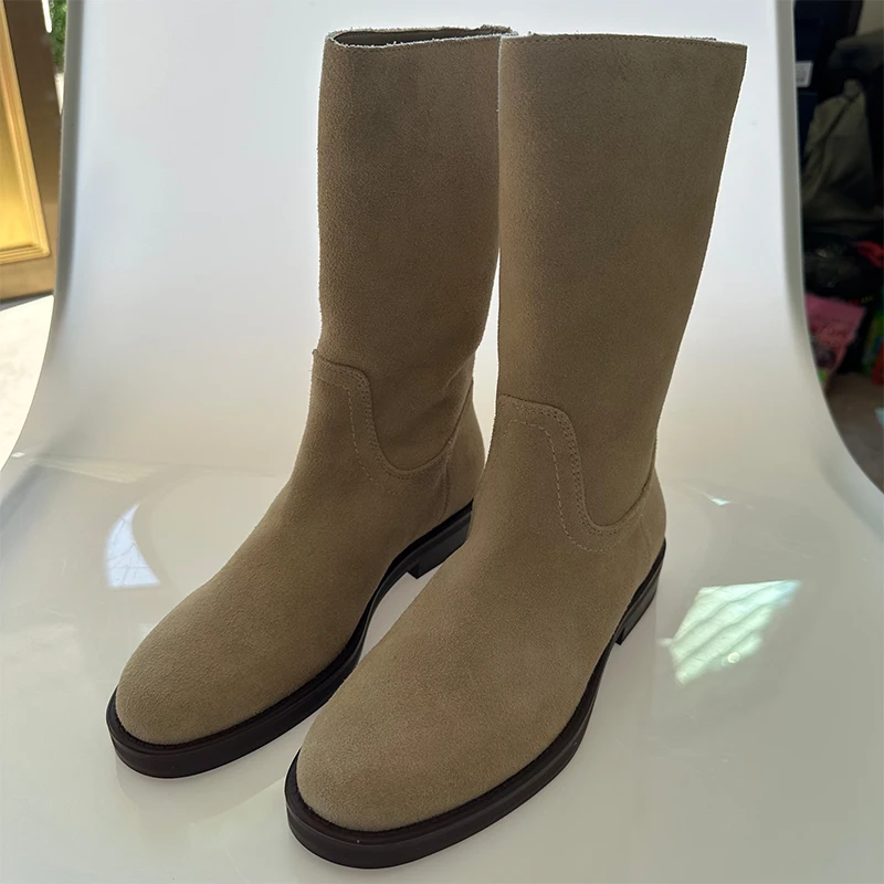 Mrxmus 2024 Autumn/Winter New Camel Round Head Suede Genuine Leather Simple Flat Bottom Bare Boots Smokestack Boots Short Boots