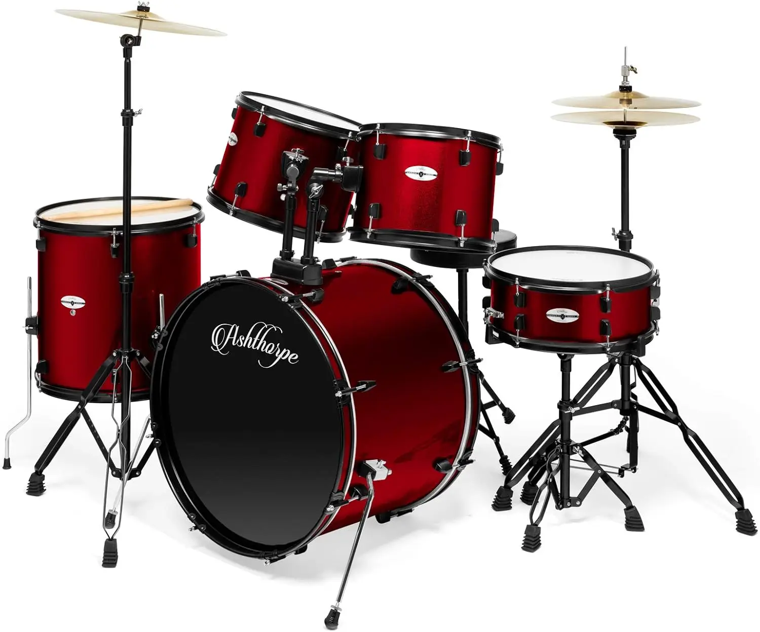 5-Piece Complete Full Size Adult Drum Set with Remo Batter Heads - Red