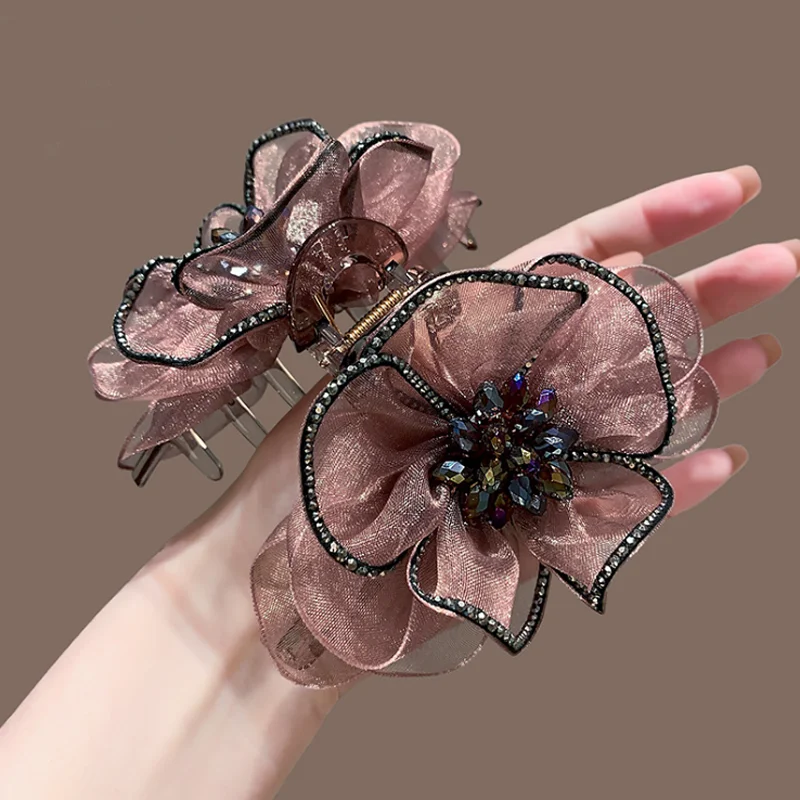 

Silk Diamond Flower Large Hair Clip Universal Shark Clip Drill Mesh Hair Accessories and Headwear Women Luxury Floral Hair Claws