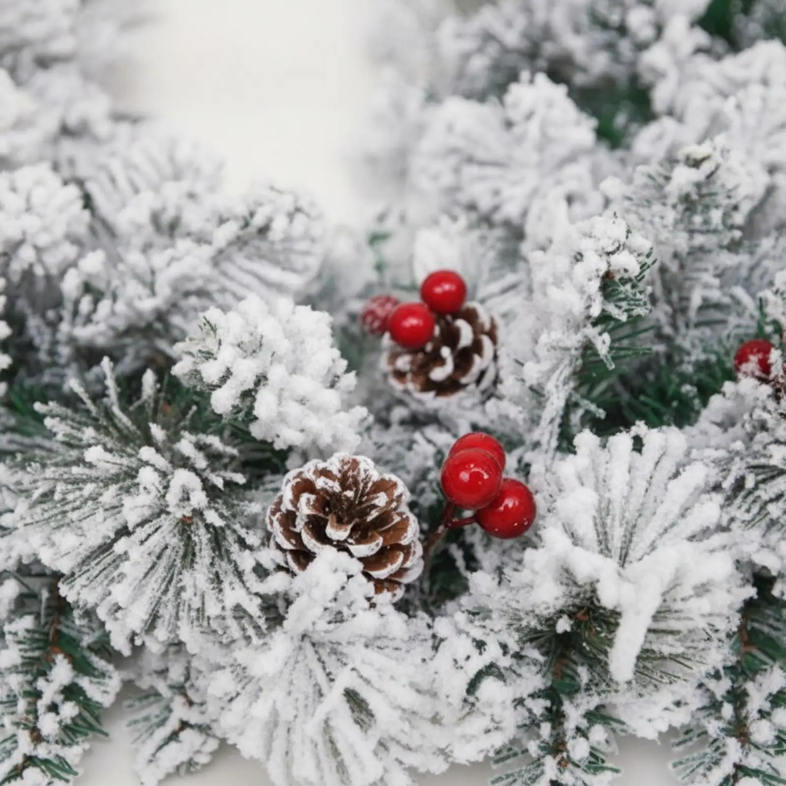 Winter Holiday Door Wreath Plastic Fir Garland with Snowy Flocked Branches and Bright Berries for Seasonal Decor