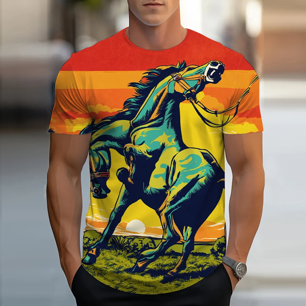 Grassland Horse Print Men's Pattern Design O Neck Novelty T Shirt Casual Comfortable T Shirt Summer Men Breathable Clothing Tops