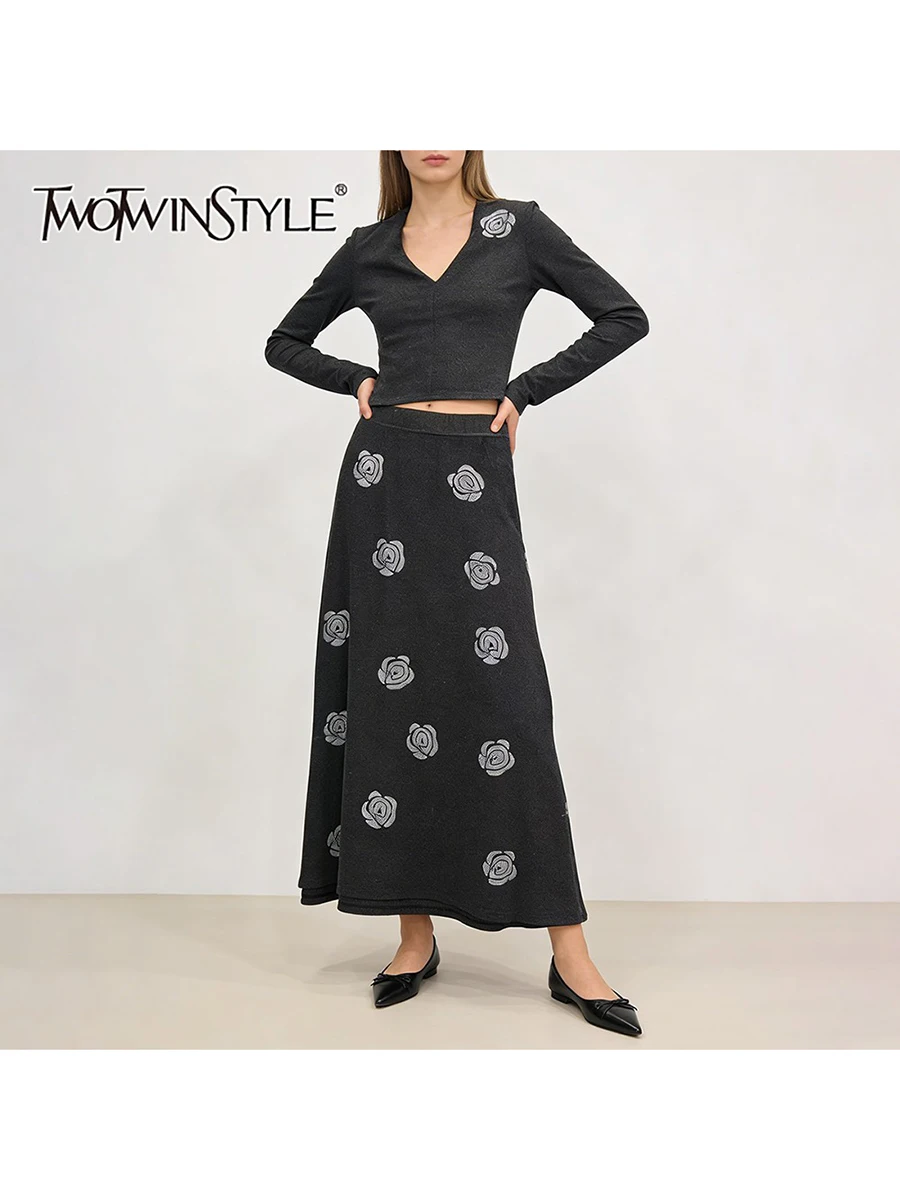 

TWOTWINSTYLE Solid Spliced Hot Fix Casual Two Piece Sets for Women V Neck Long Sleeves T Shirt High Waist Skirt Set Female New