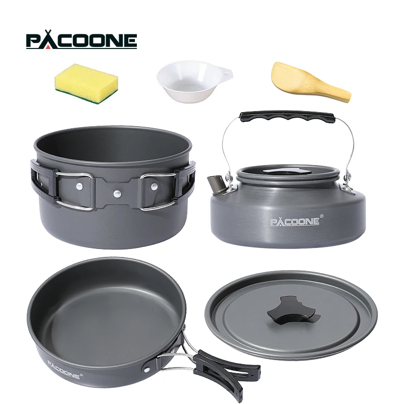 

PACOONE Camping Cookware Set Portable Cookware Kit Outdoor Pot Cooking Water Kettle Pan Set Tableware Hiking Picnic Equipment