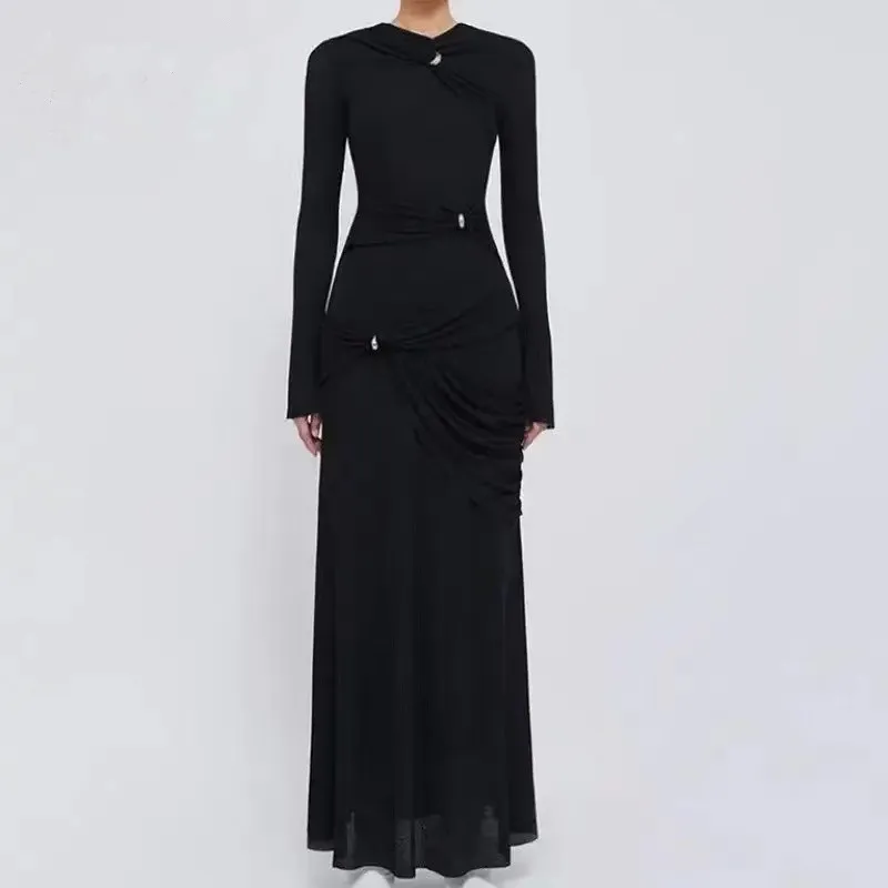 

Runway Fashion Women's O Neck Knitted Long Dress Elegant Spring Autumn Black Metal Button Strech Slim Waist Party Vestidos Robe