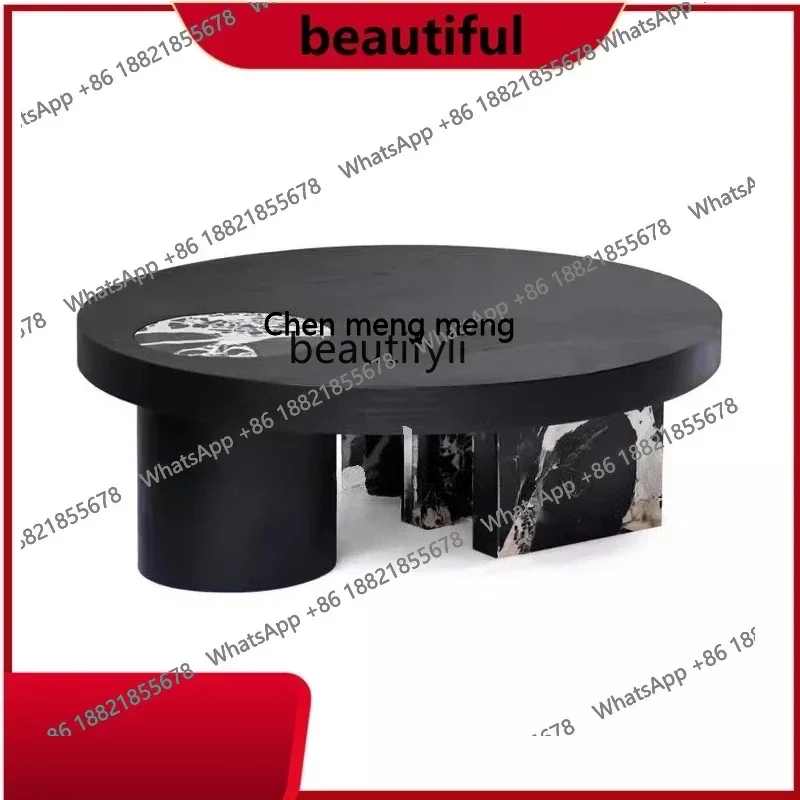 

Italian minimalist natural, black luxury stone solid wood round coffee table designer living room marble coffee table H