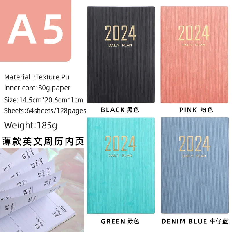2024 A5 دفتر خطة يومية تقويم إنجليزي شهري عبر الحدود دفتر أسبوعي التقويم الدفاتر والمجلات لمكتب المدرسة