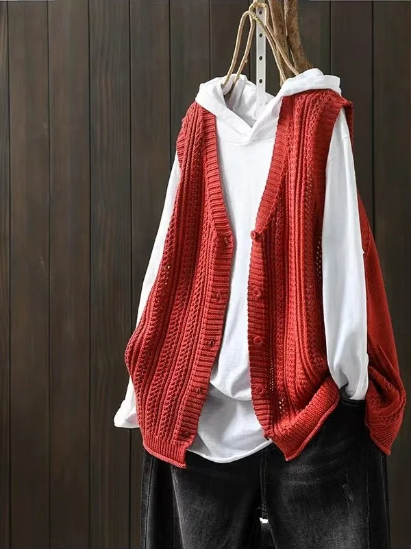 

Loose Knitted Cotton Tead Hollow out V-Ne Women's Jaet Vintage Artistic Svel Outerwear Autumn Faion Commute