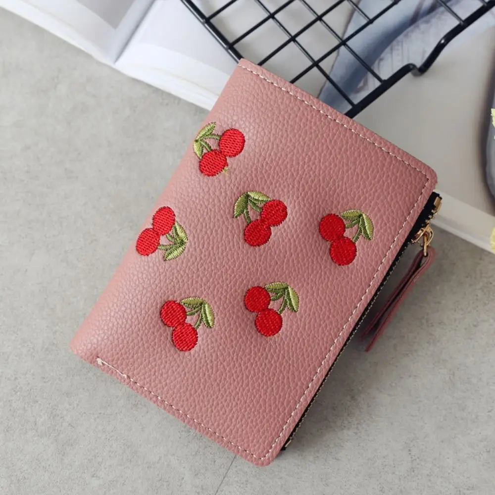 

PU Leather Retro Cherry Wallets Korean Style Card Bag Short Clutch Bag Multifunctional Coin Purse Zipper Change Bag Female
