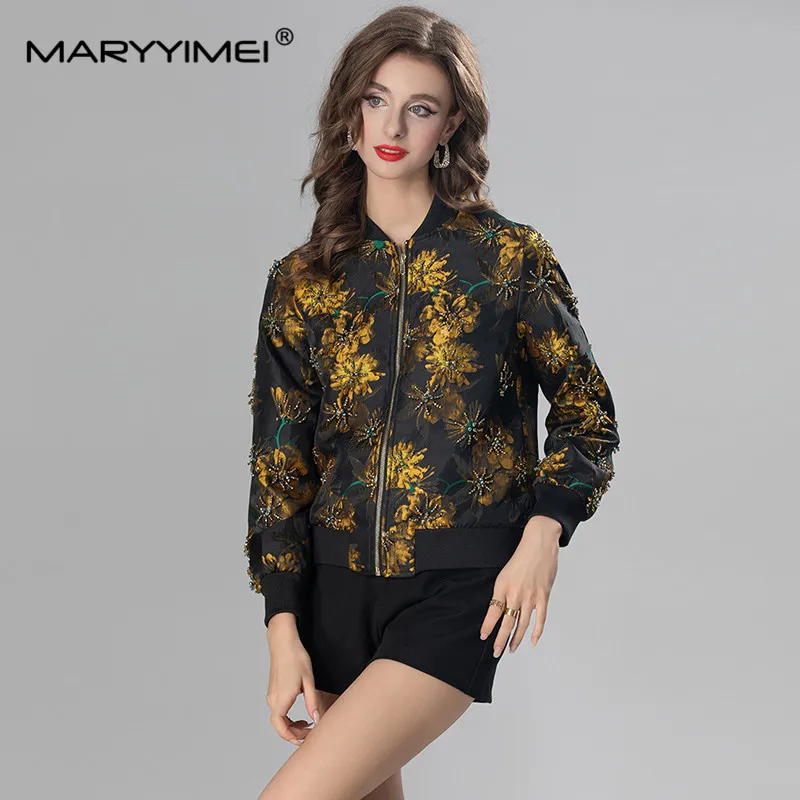 MARYYIMEI Autumn and Winter Women's Coat Black Stand Collar Long Sleeve Beading Yellow Print Jacquard Fashion Overcoat