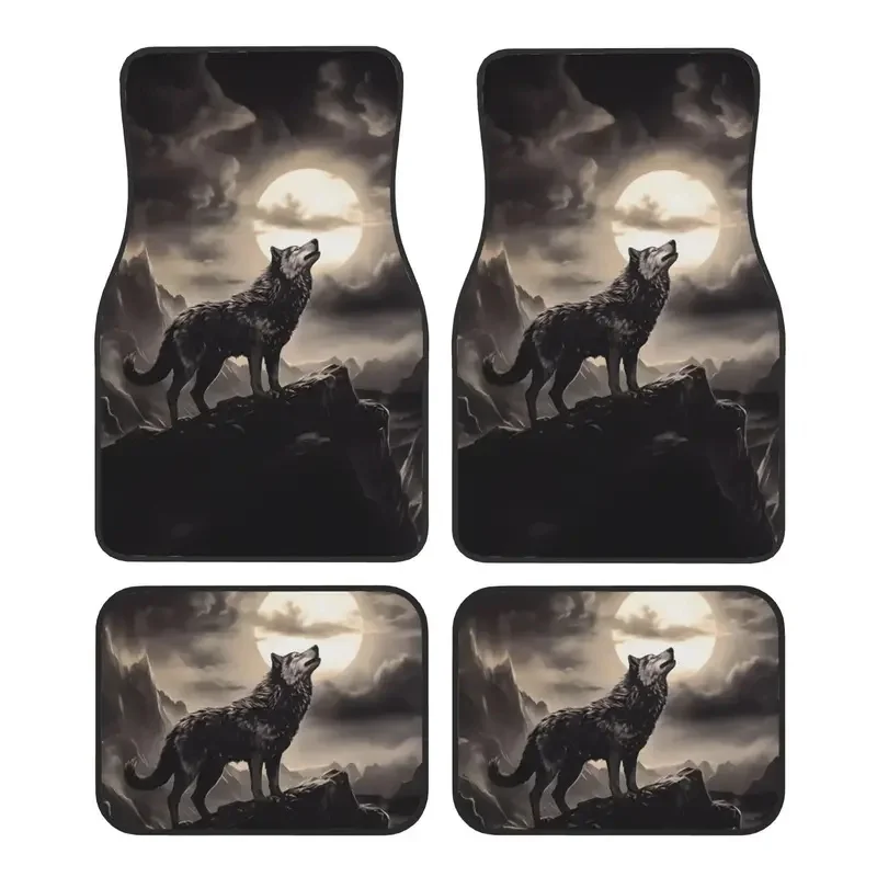 4pcs Wolf Howling At Moon Car Floor Mats Stylish Easy To Clean, Universal Fit For All Vehicle Models, Durable Long Lasting Prote 4