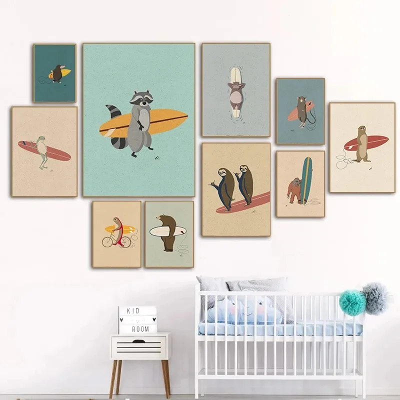 1pc frameless Canvas Painting Funny Surfing Animal Retro Posters Canvas Painting Sloth Bear Panda Wall Art Picture For Modern Ch