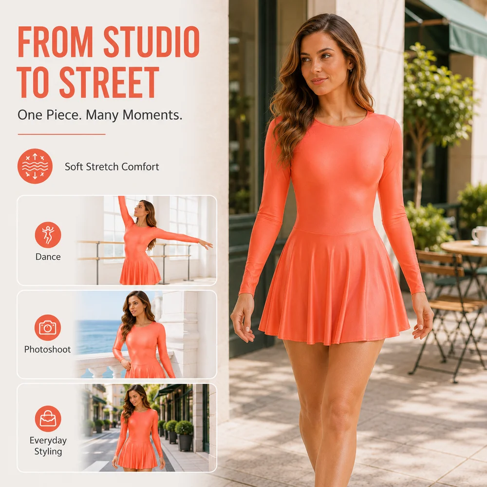 Women Soft Shimmer Ballet Dance Dress Long Sleeve Leotard with Attached Skirt Nylon Spandex Stretch Adult Dancewear