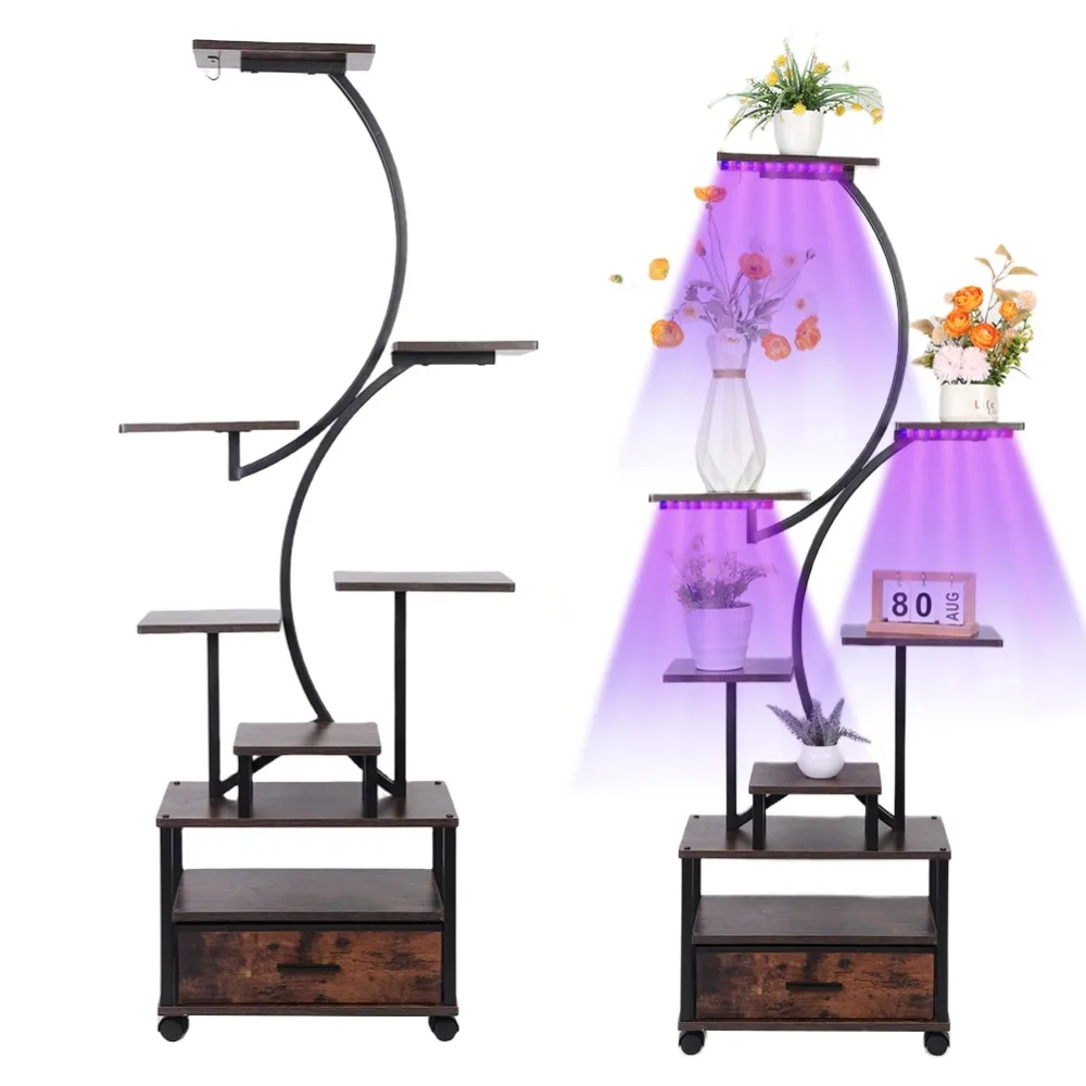 Plant Stand Wooden Storage Shelf 9 Tiered Flowers Pot Holder Planter Rack with Grow Lights Living Room Decoration Display Stand