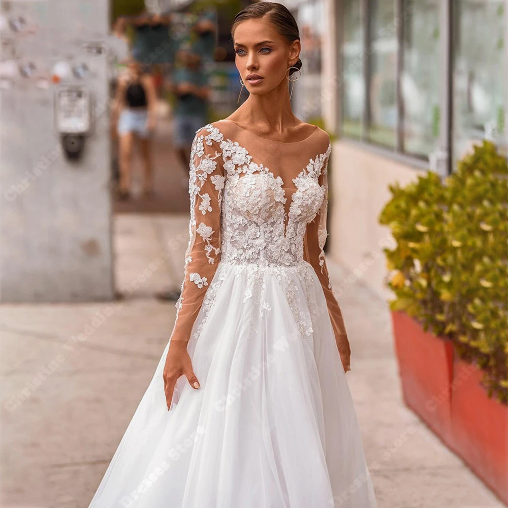 Elegant V-Neck Women Wedding Dresses Lace Long Sleeves Bridal Gowns Mopping Length Beach Gathering Princess Vestidos De Noivas