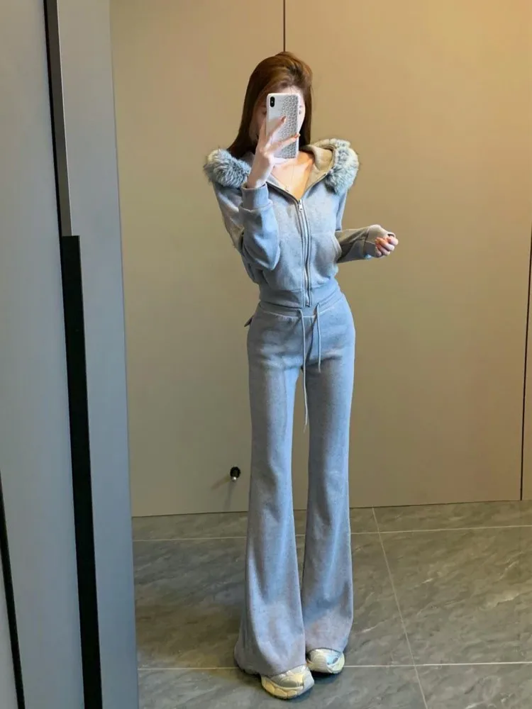 Winter Women Slim Fit Outdoor Running Set Faux Fur Hooded Sweatshirt Top Flare Pants Two Piece Set Jogging Tracksuit Sportswear