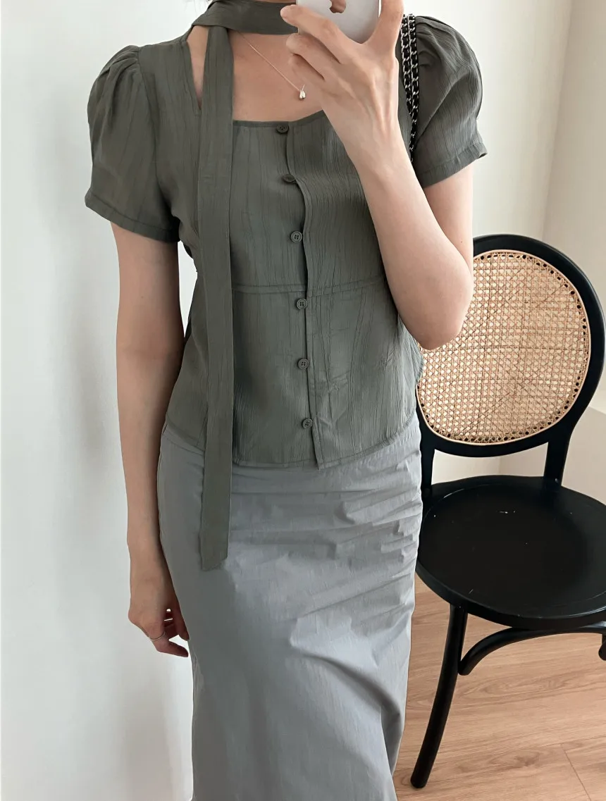 

Korean style Summer Square Neck Tie-Front Short Sleeve Shirt - Elegant Button-Down Blouse