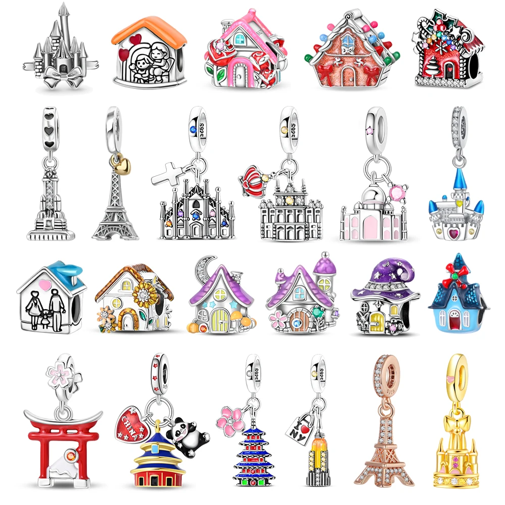 Houses And Buildings 925 Sterling Silver Taj Mahal Temple Opera House Tower Pendant Beads Fit DIY Bracelet Necklace Travel Gifts