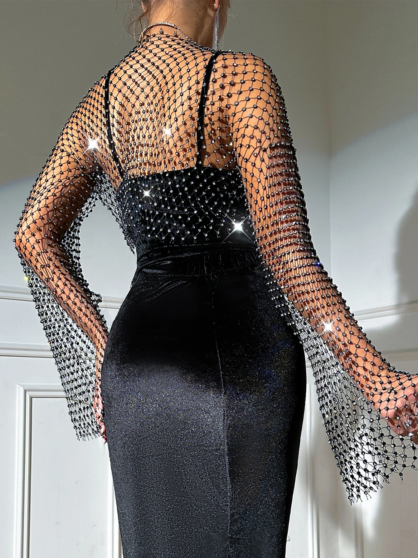 Sexy see through rhinestone crop top women summer sparkly fishnet beach tank tops night club party long sleeve tees tops smock