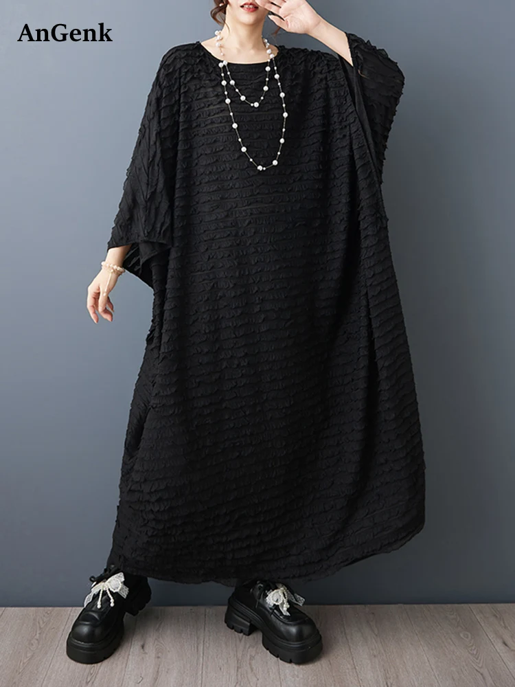 

Новинка лета 2026: Винтажное черное платье оверсайз для женщин, с коротким рукавом, свободное, повседневное, длинное, модное, элегантное.