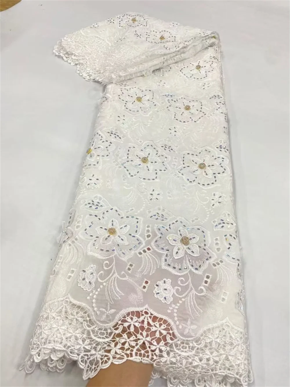 

2025 High-Quality Africa Nigerian Sequins Cotton Embroidery Lace Fabric Tulle for Wedding Party Dress Chiffon 5Yards JL518