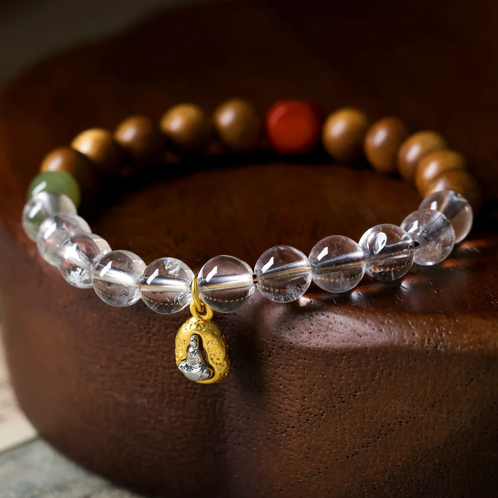 

Yellow Agarwood Bead Bracelet with Natural Clear Quartz Beads Wooden Artisan Bracelet with Treasure Accents