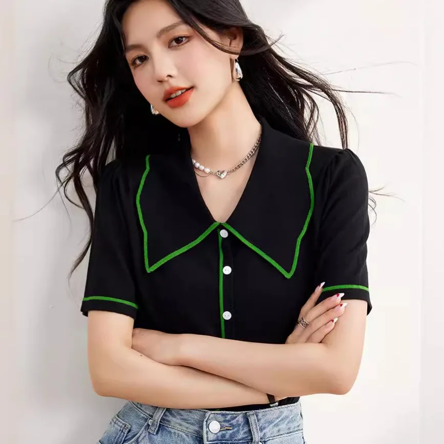 Französisches Retro-Strick-T-Shirt für Damen – Sommer Neuheit, Kurzarm, Revers, Lässige Strickjacke 2026 – Schickes Design, Modisch, für Pendler, Slim Fit Oberteil