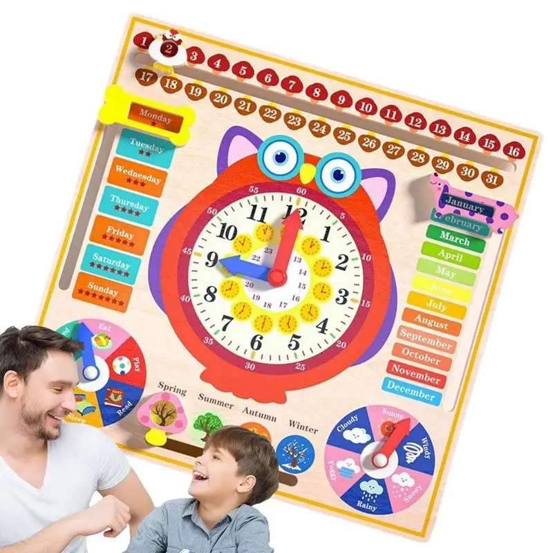 Modèle d'horloge en bois fuchsia aide, horloges d'apprentissage Montessori avec cartes, jouet Kindergartner pour jeu, mur de salle de jeux d'interaction