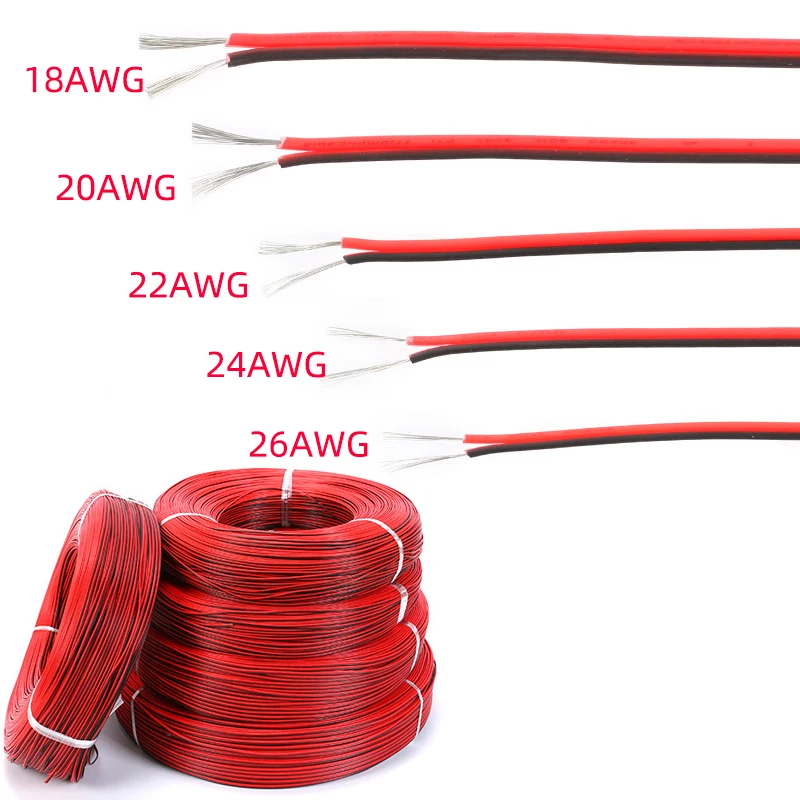 2Pin Electrical Wire Tinned Copper 2 Ways 18/20/22/24/26AWG Insulated PVC Extension LED Strip Cable Red Black Wire Lead Cord