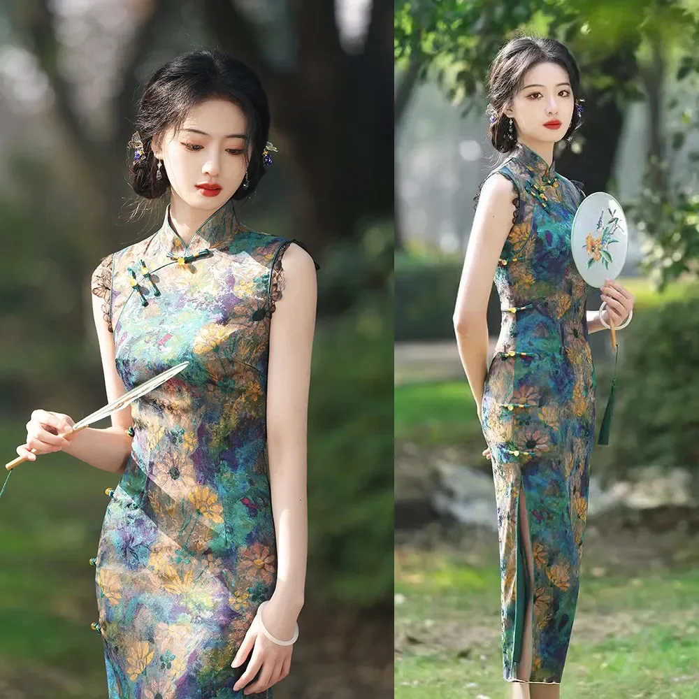 

Young Lady Sleeveless Cheongsam Women Chinese Retro Improved Old Shanghai Printed Qipao Dress High-end Temperament Evening Gown